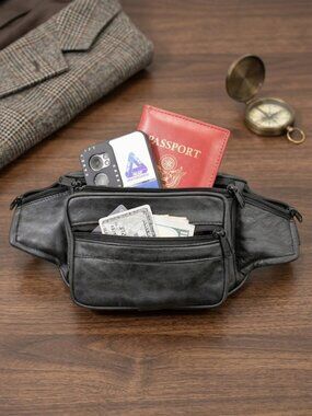 100% Pure Leather Waist Fanny Pack Travel Belt Bag Travel Pouch Black for Unisex